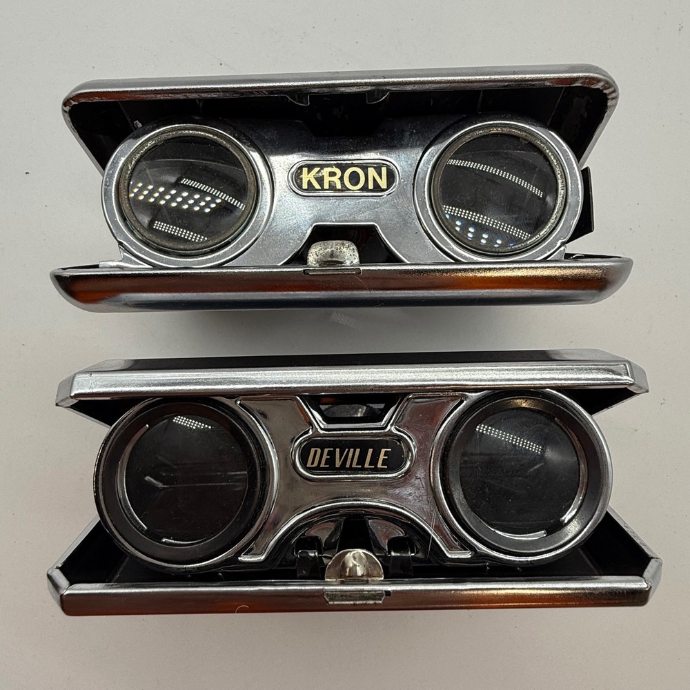 Vintage Kron and Deville Folding Opera Glasses Set Blue and Black Chrome Binocs